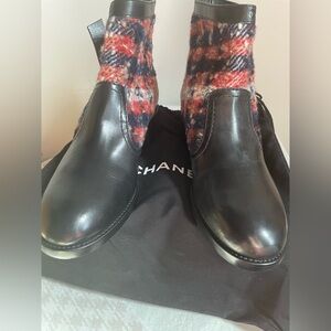 Chanel Black Leather & Plaid Ankle Boots size 38.5